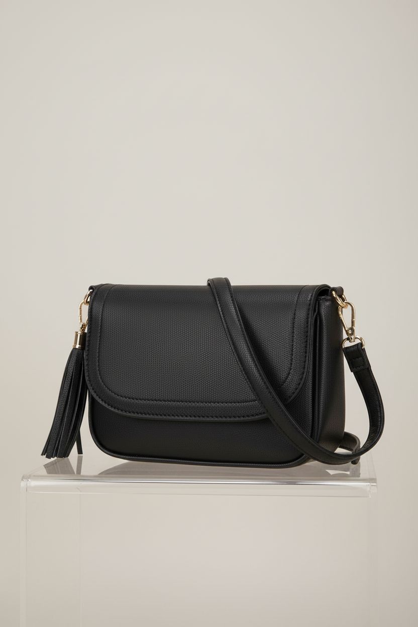 EVVE matte black crossbody bag displayed on a grey background, highlighting its sleek design and craftsmanship.