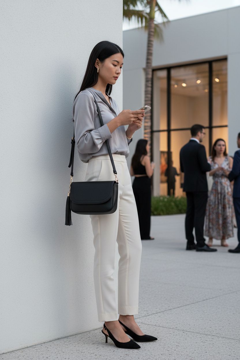 EVVE matte black crossbody bag held near a white wall, showcasing its trendy flap and adjustable strap.