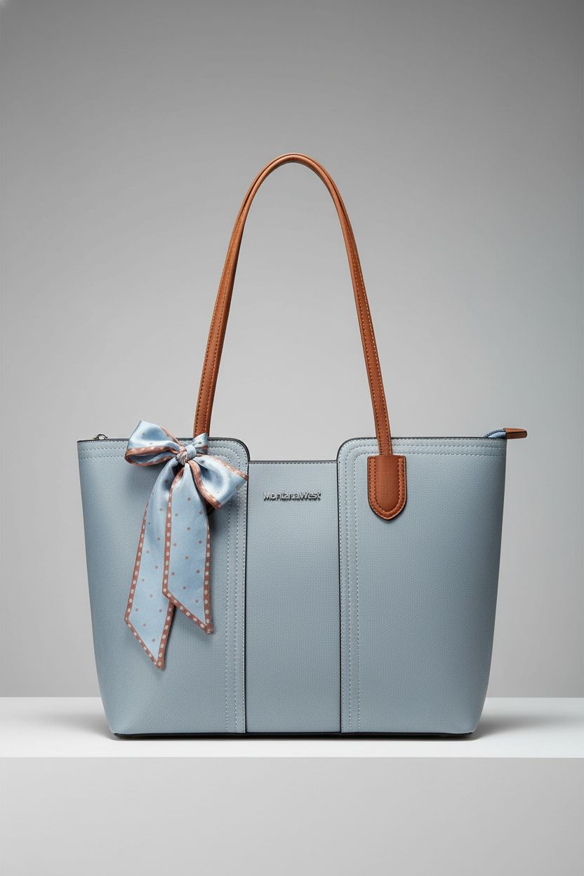 Montana West blue tote bag displayed against a gray backdrop, highlighting its sleek vegan leather finish.