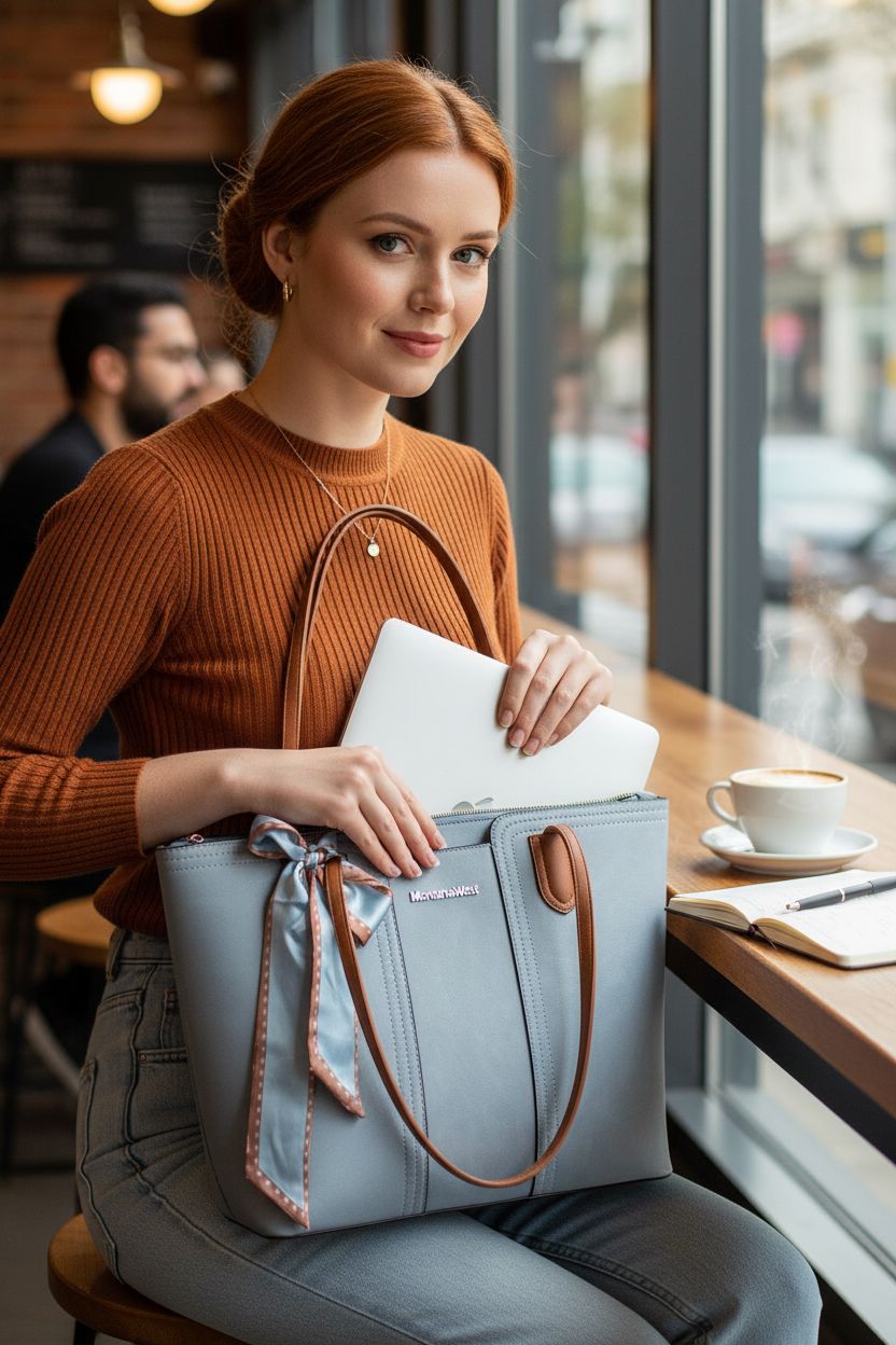 Montana West blue tote bag in a sunlit café with a laptop, perfect for stylish outings.