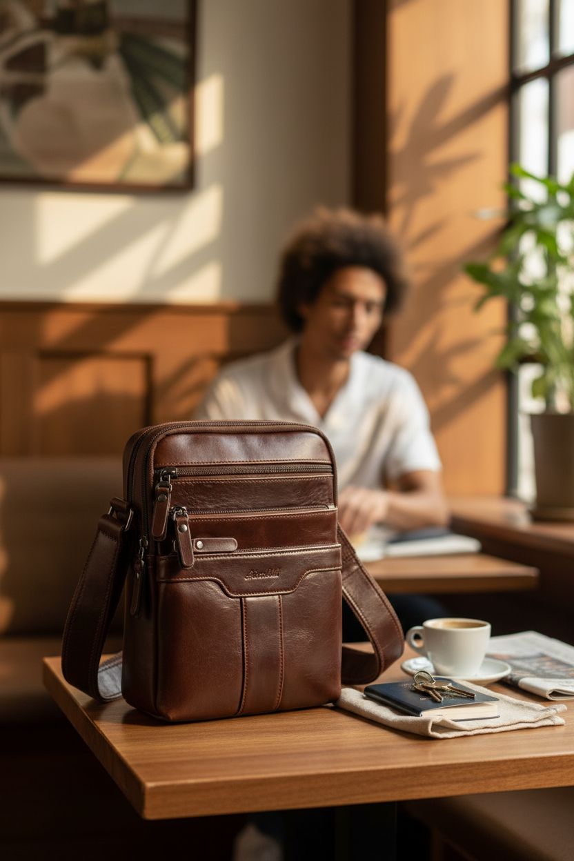 Ariscobull leather messenger bag on a café table, showcasing its elegant design and versatility.