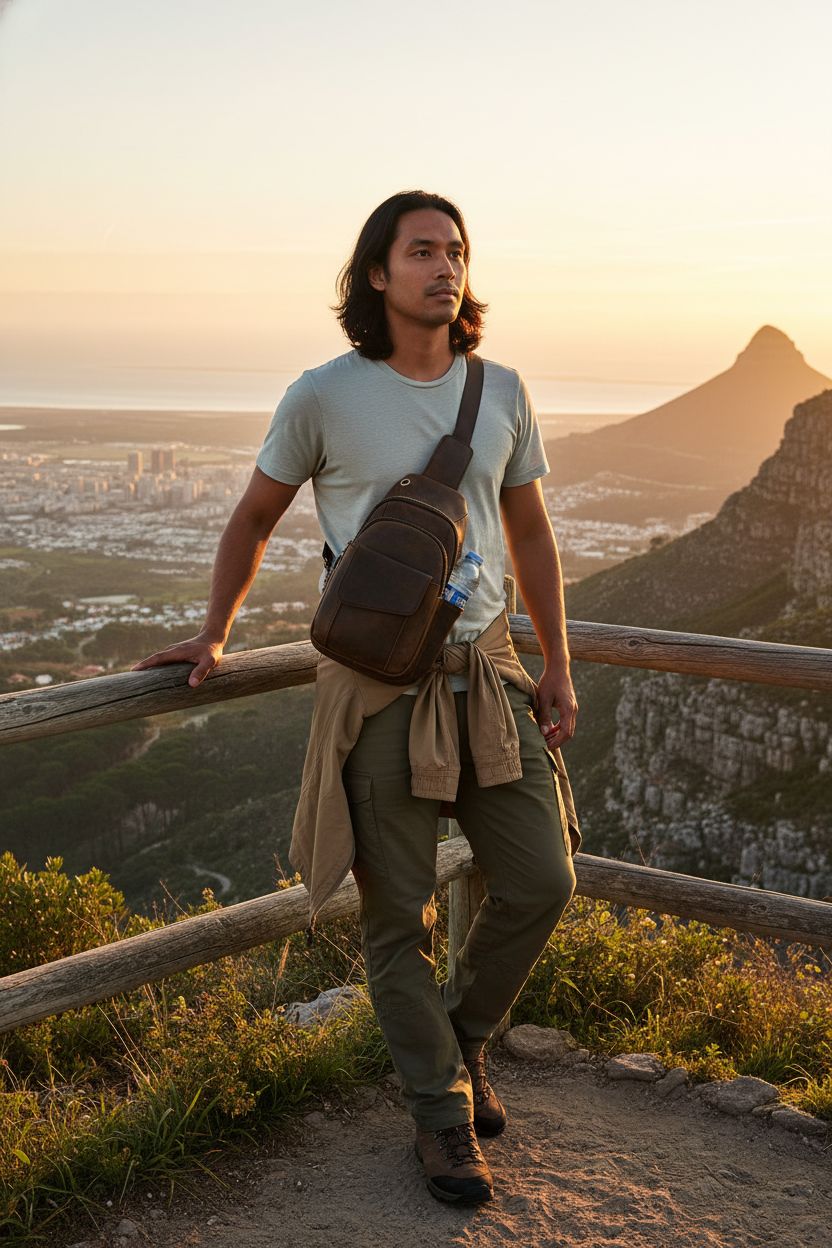 Le'aokuu men's leather sling bag with water bottle pocket at scenic overlook during sunset