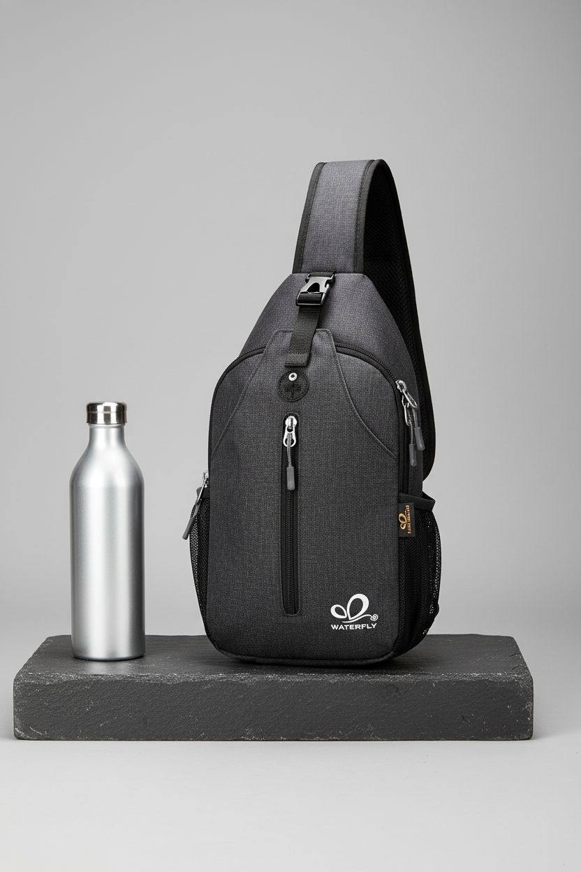WATERFLY crossbody sling bag displayed with a water bottle, focusing on its craftsmanship and features.