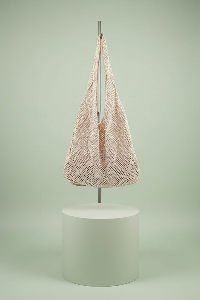 Stizimn beige crochet mesh handbag displayed on a pedestal to highlight its design