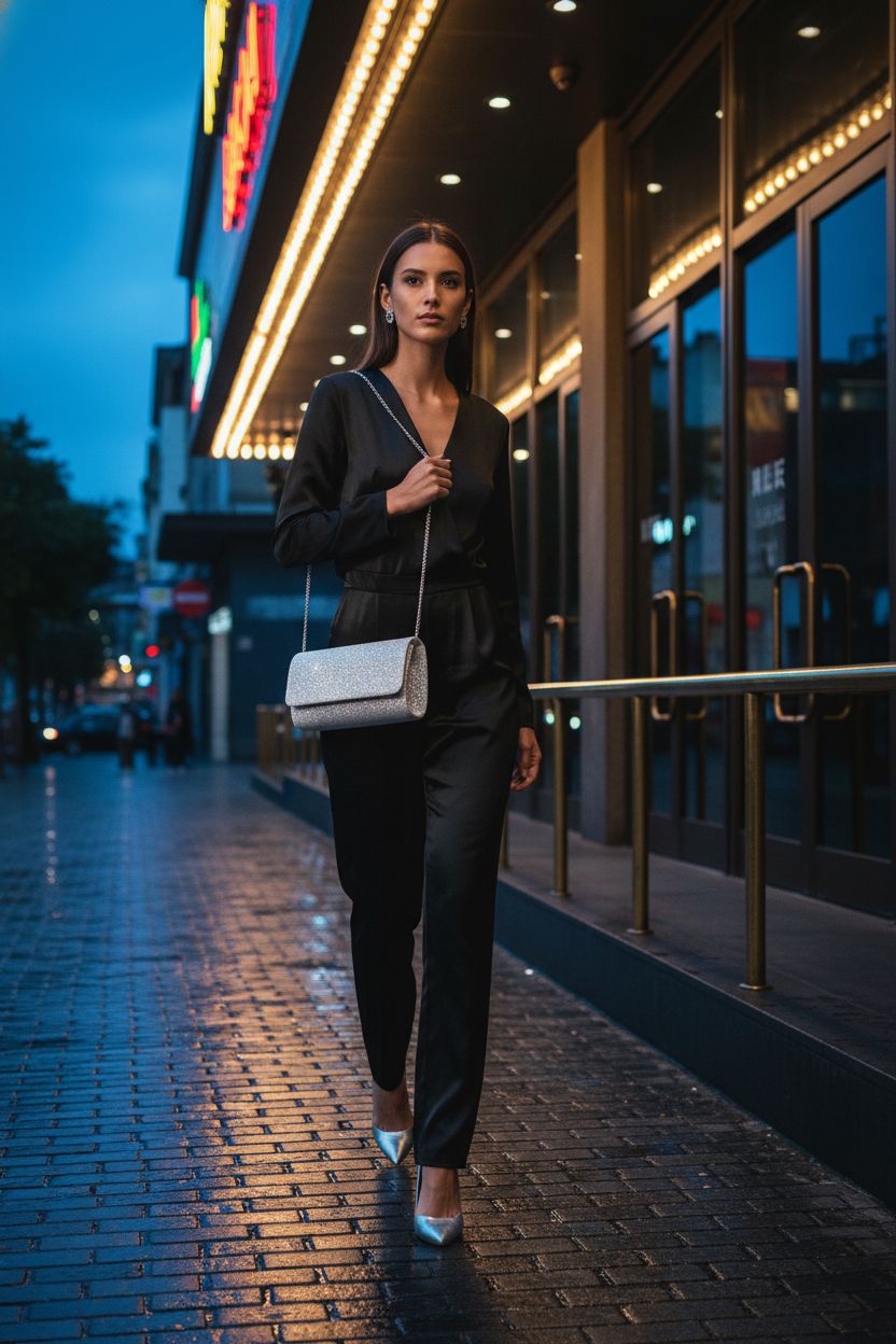 lovyoCoCo metallic evening clutch purse glinting in ambient light on wet cobblestones