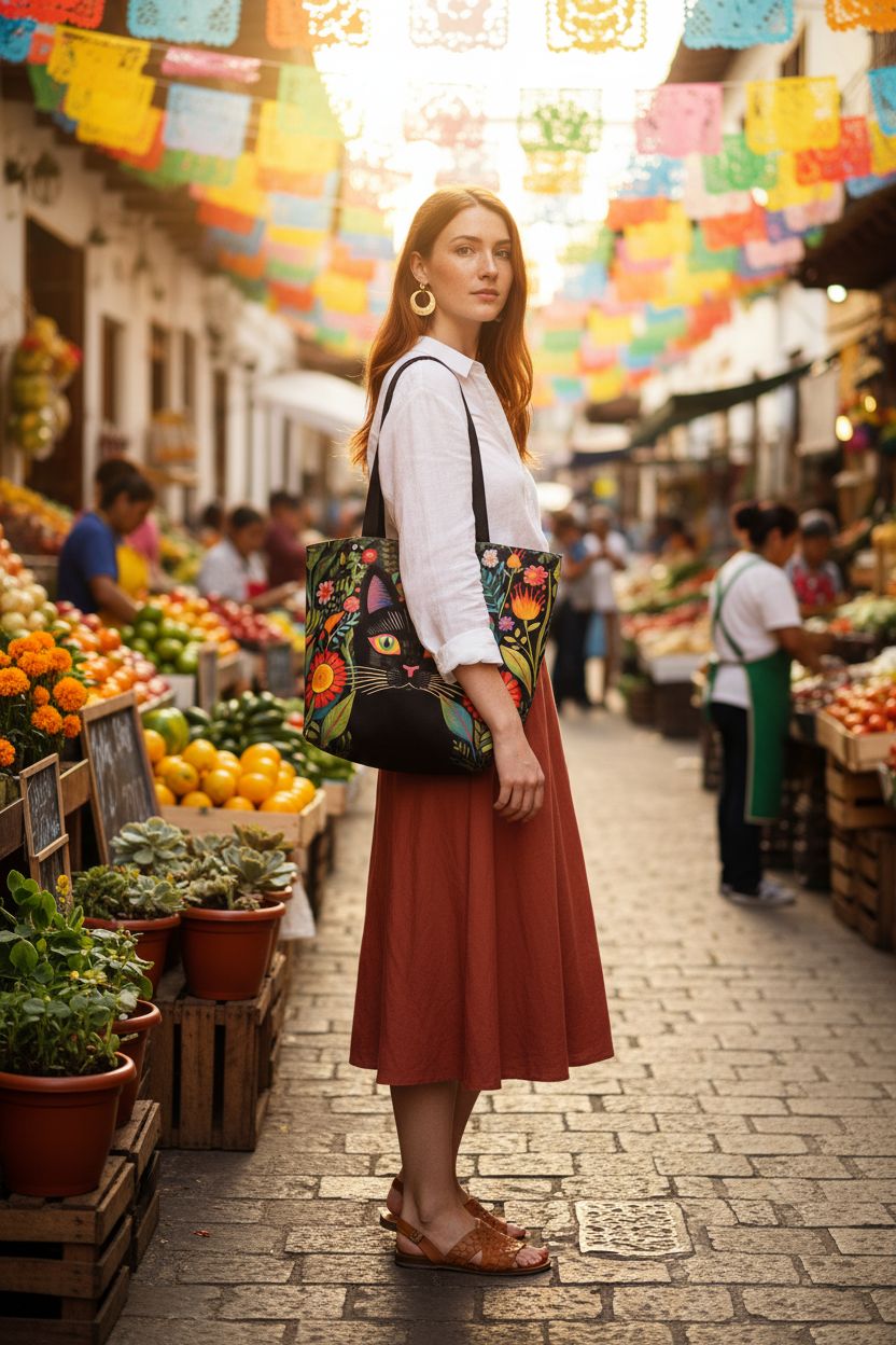 ZhuVantrix Mexican Folk Art Tote Bag worn during a vibrant mercado visit, featuring bold cat art.