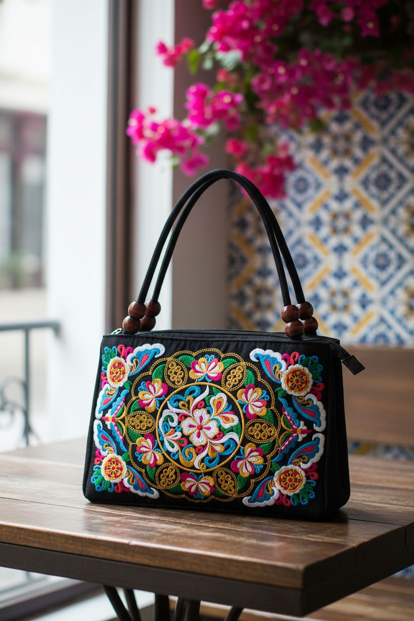 Jursccu vintage leather purse displayed on a walnut table in a cozy café setting