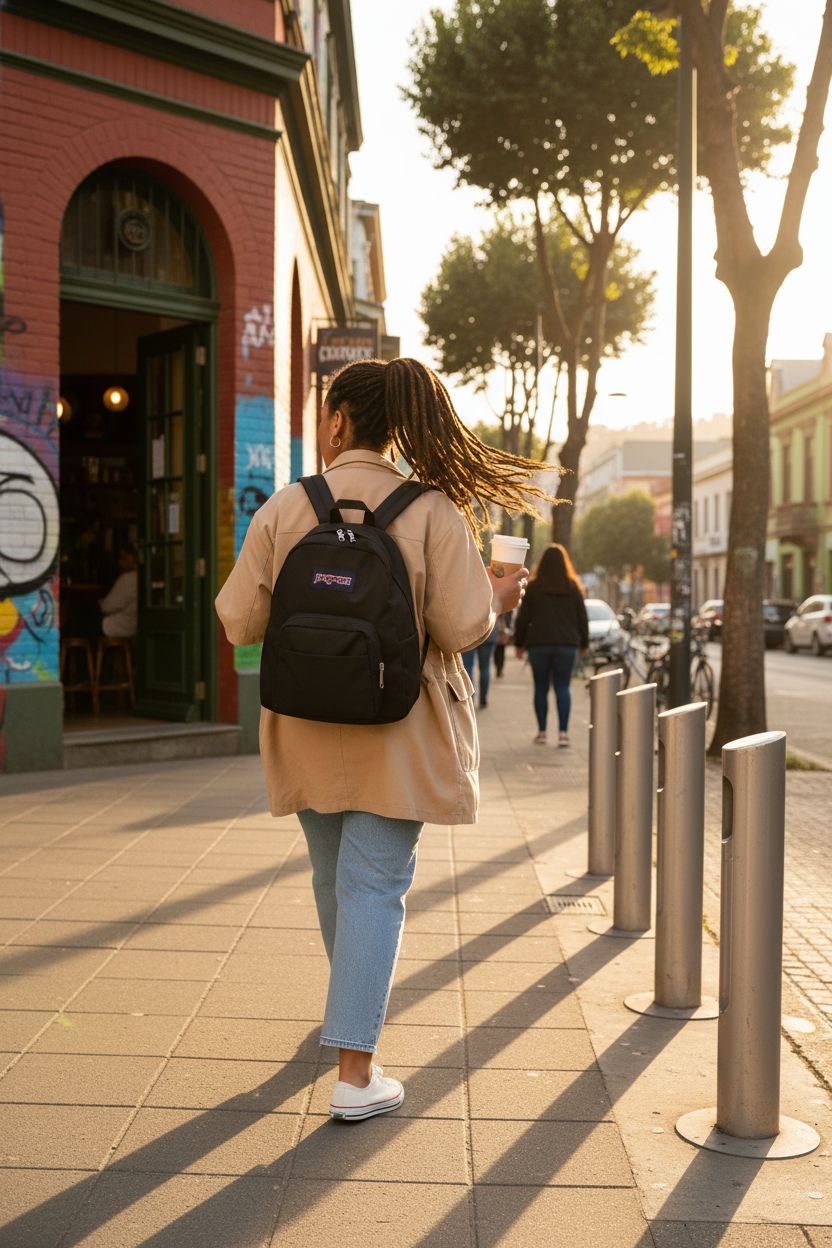 Black JanSport Half Pint Mini Backpack worn casually against light neutrals in an urban setting.