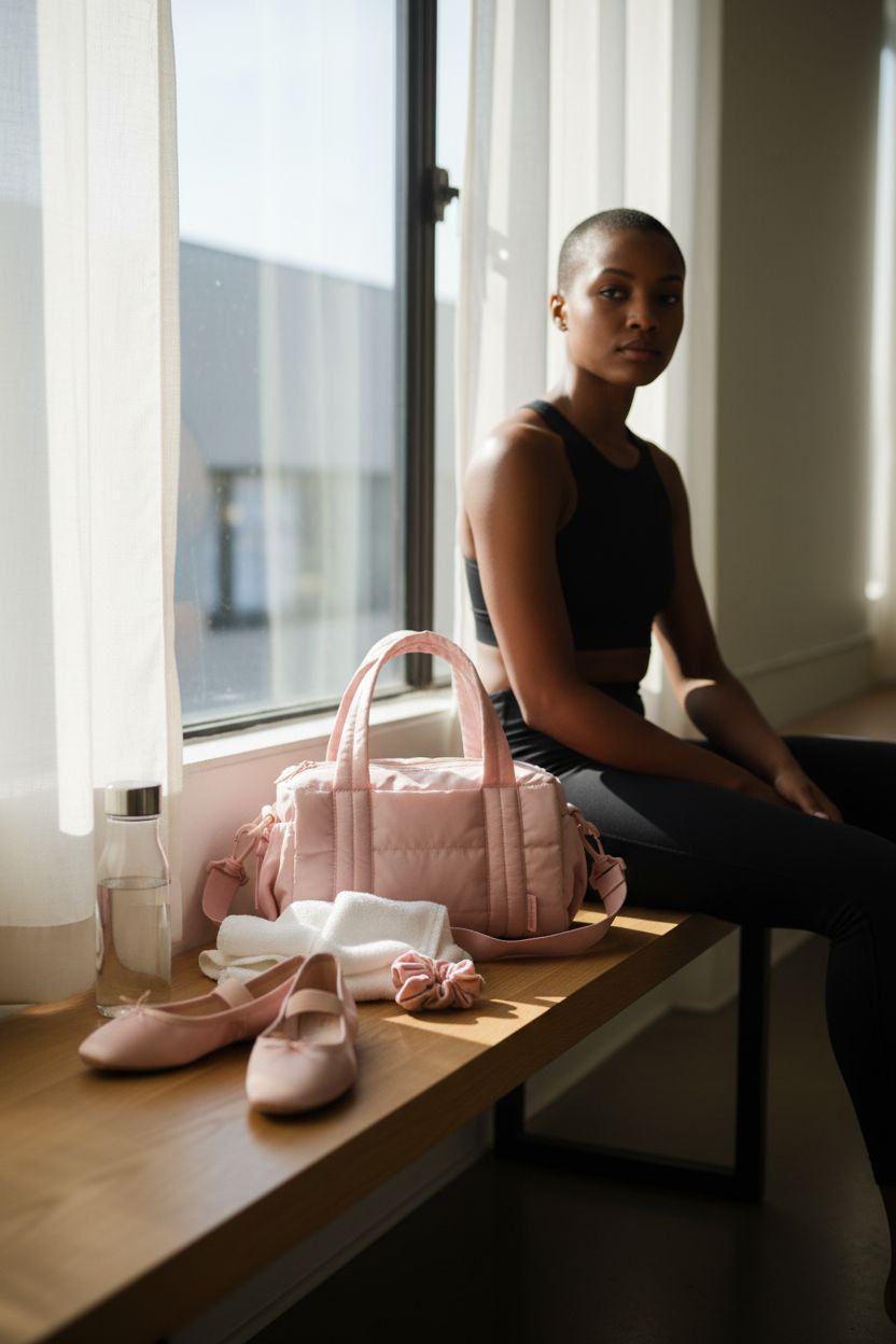 BAGSMART Candy Pink mini bag resting on a bench with a towel and flats.