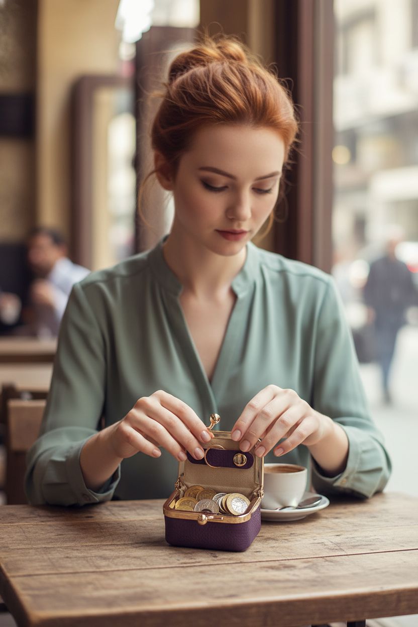 Deep purple Royal Bagger mini coin purse open on tabletop, showcasing leather grain and satin lining.