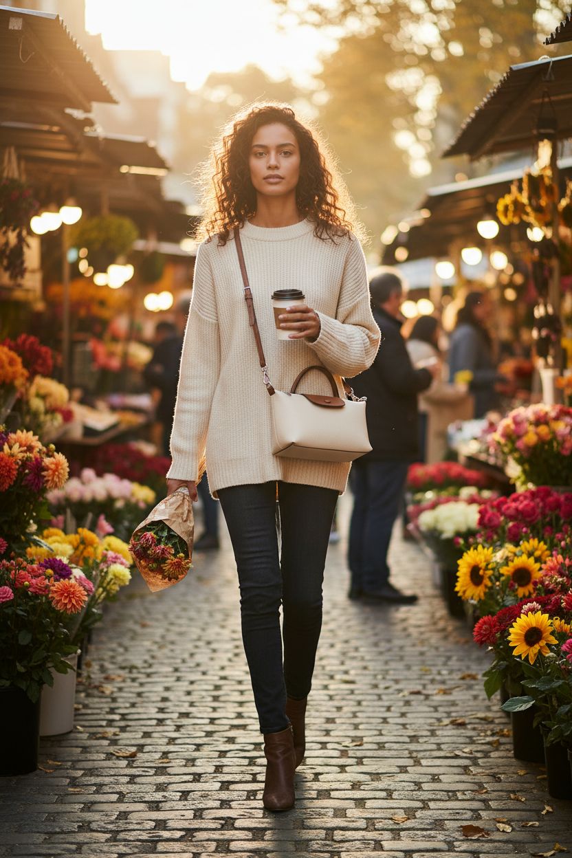 VesaNa off-white quilted crossbody bag featured at a vibrant street market.