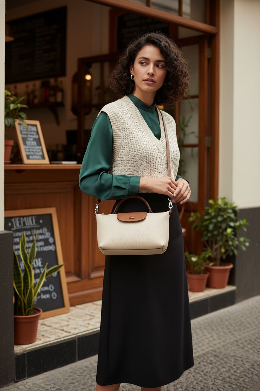 Chic off-white VesaNa crossbody bag styled with a cream knit vest and tailored skirt.