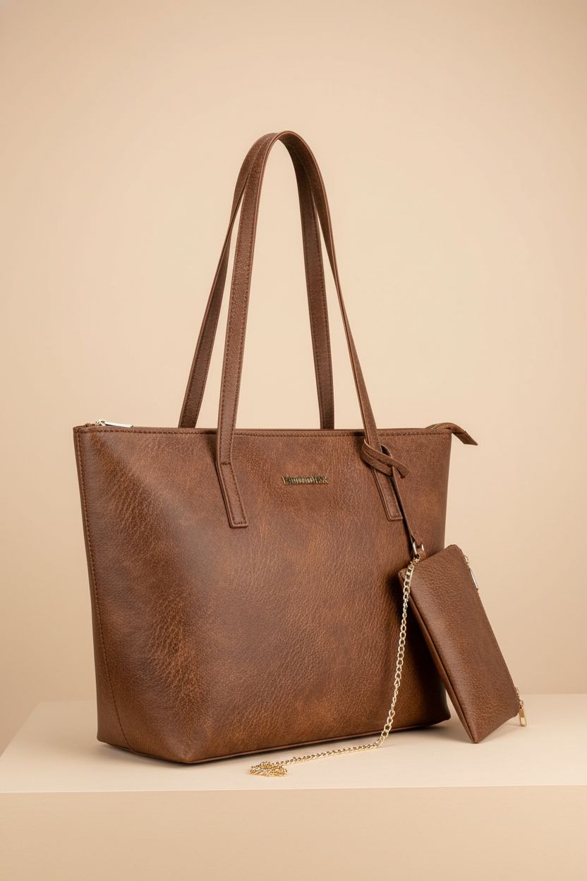 Montana West large leather tote showcasing refined texture and matching pouch, ideal for stylish moms.