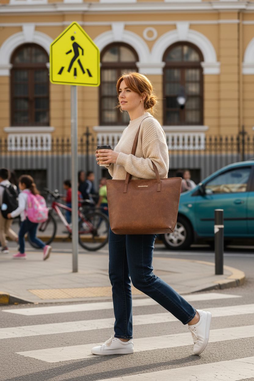 Montana West brown tote bag worn on shoulder while mom enjoys coffee during school drop-off, perfect for daily use.
