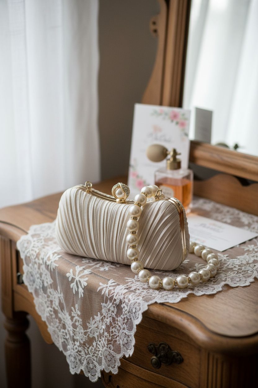 Romantic bridal suite scene featuring Menurra champagne satin clutch bag on a vintage vanity.