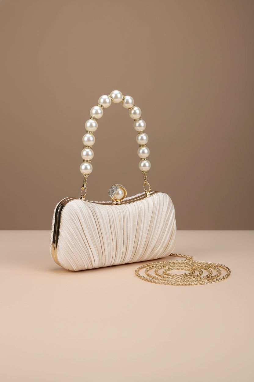 Menurra champagne satin clutch bag with pearl handle and detachable chain, elegant product display.
