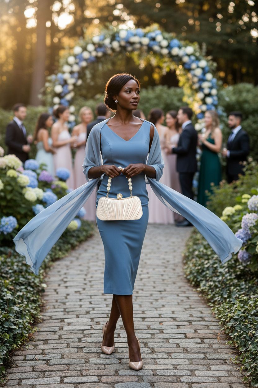 Champagne satin mother of the bride clutch bag by Menurra, featuring a pearl handle, elegant garden setting.