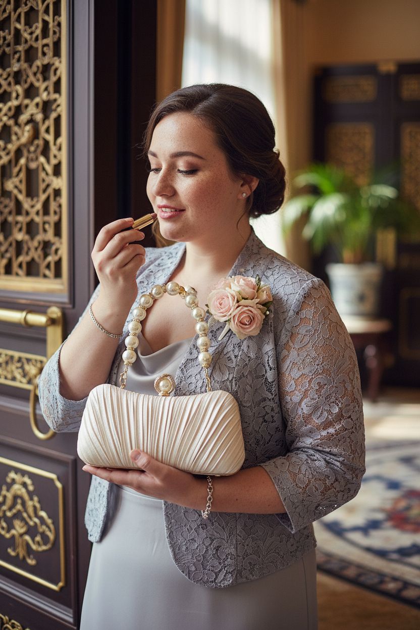 Elegant Menurra champagne satin clutch bag with pearl handle, perfect for weddings and receptions.