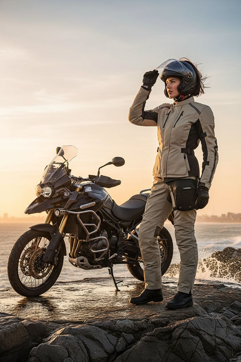 Black HUANLANG motorcycle hip bag worn on thigh during sunrise coastal ride