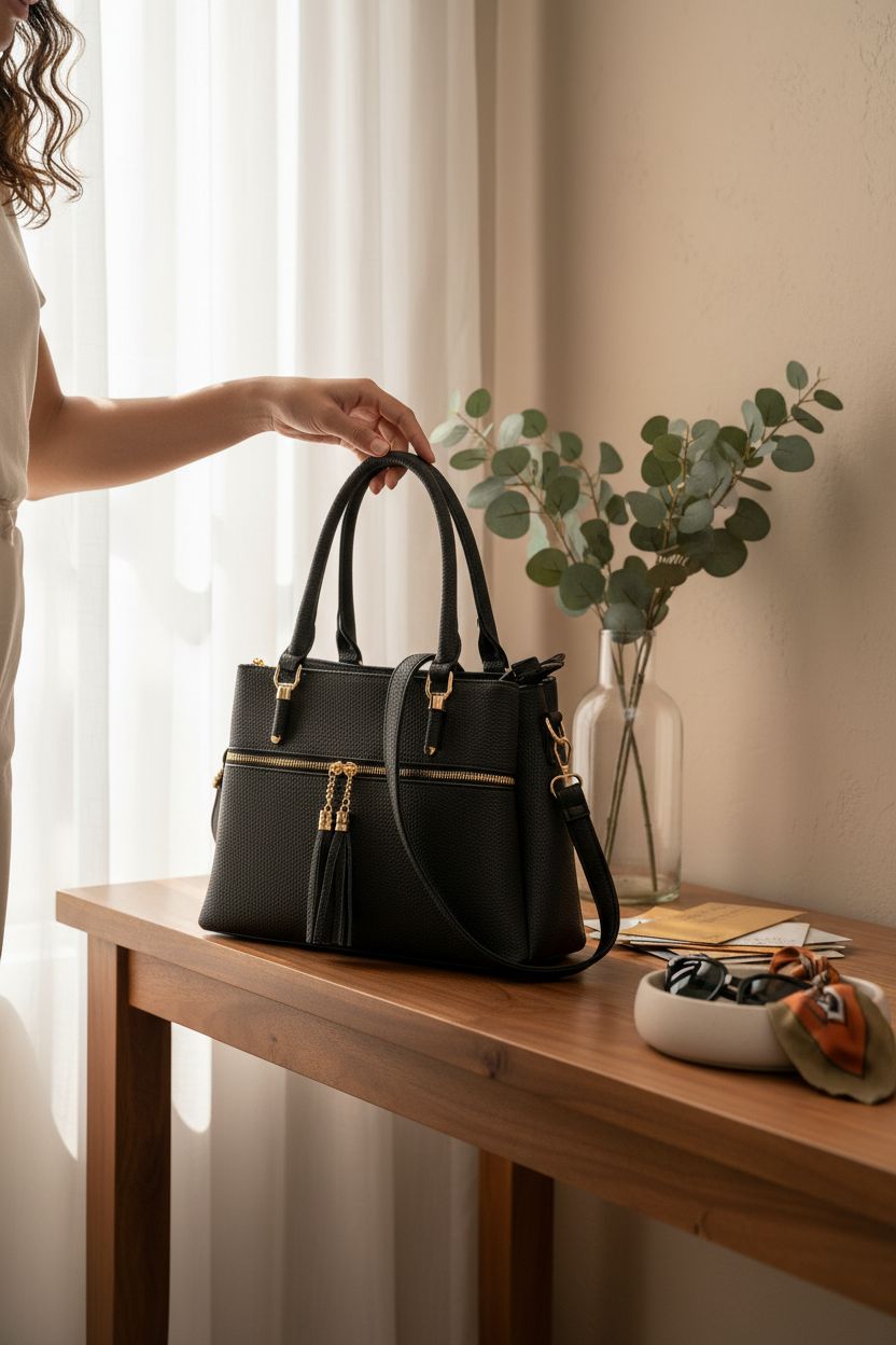 KKXIU multi-pocket satchel bag on a console with accessories, ready for grab-and-go.