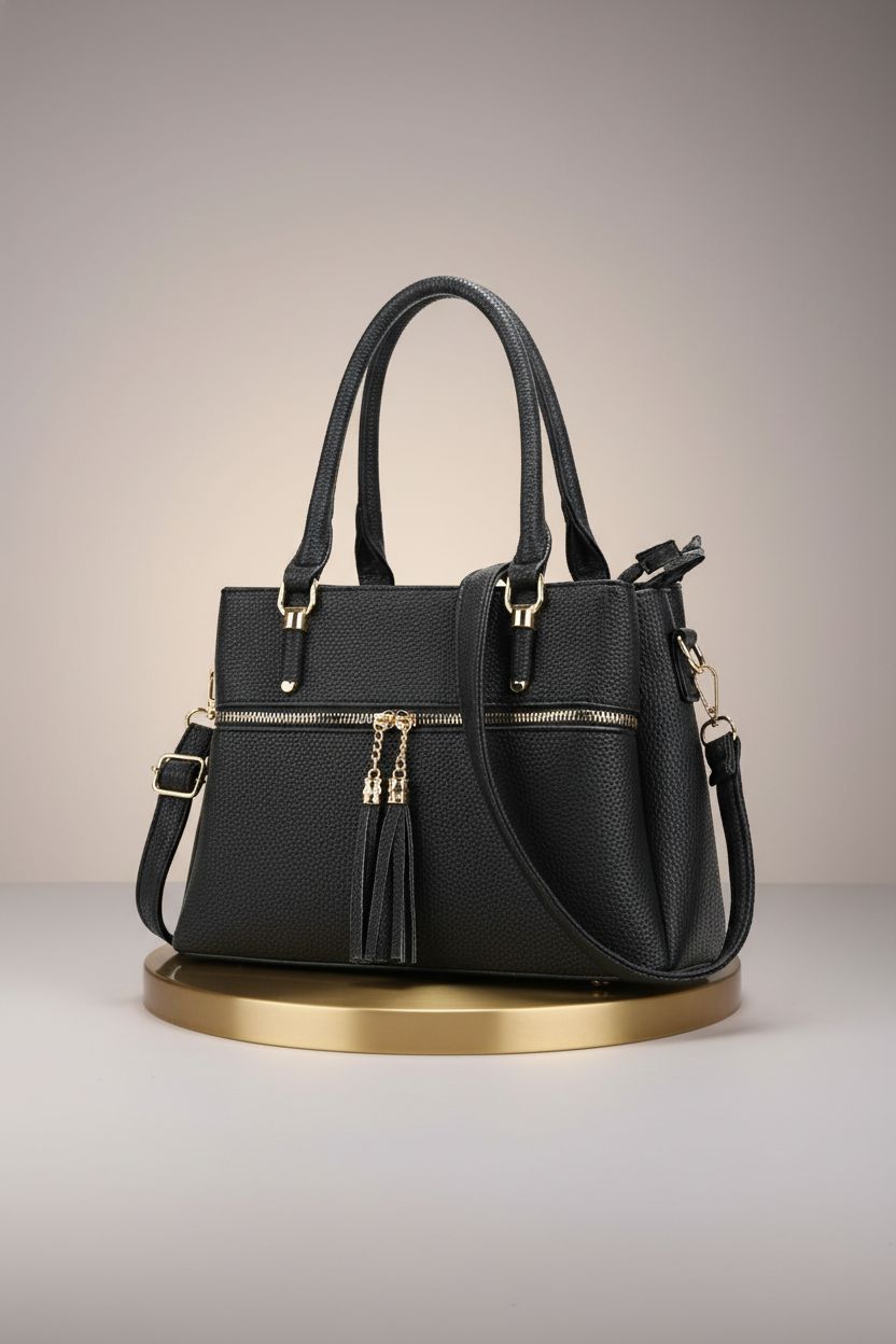 KKXIU black vegan leather purse showcasing fine craftsmanship and gold hardware.