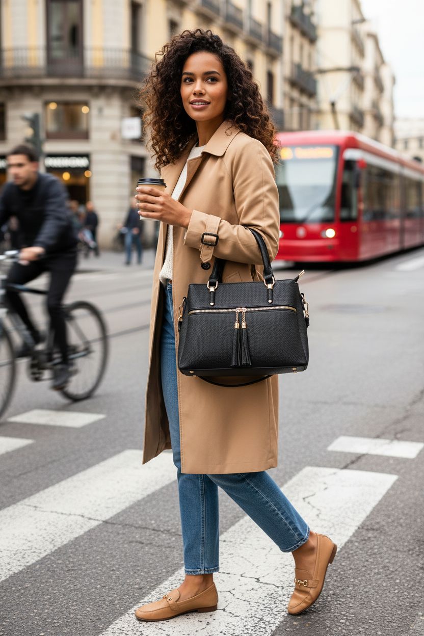 KKXIU black vegan leather purse, stylish for morning commutes with long strap.