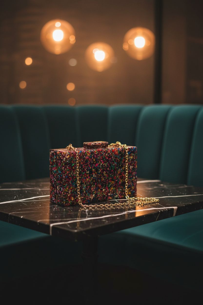 Multicolor acrylic box clutch by Gets on marble table in a dim lounge