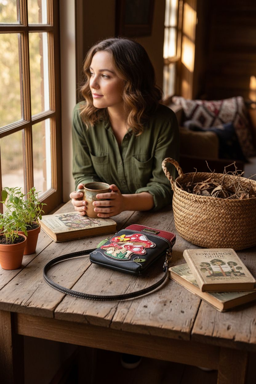 CHALA mushroom purse resting on wooden table in cozy cabin, surrounded by herbs and foraging books.
