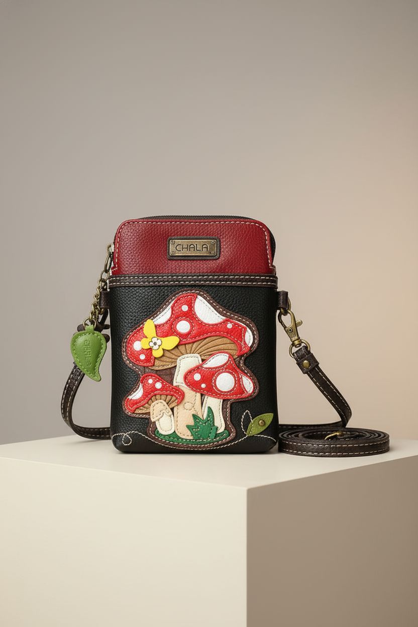 Detailed view of CHALA mushroom crossbody purse showcasing stitching and PU leather texture.