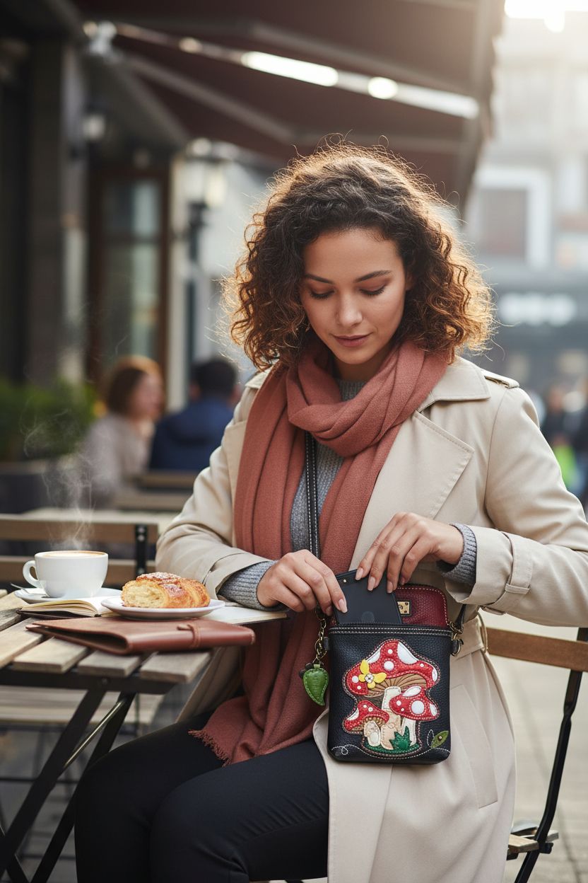 CHALA mushroom purse on café patio, showcasing stylish crossbody design and phone accessibility.