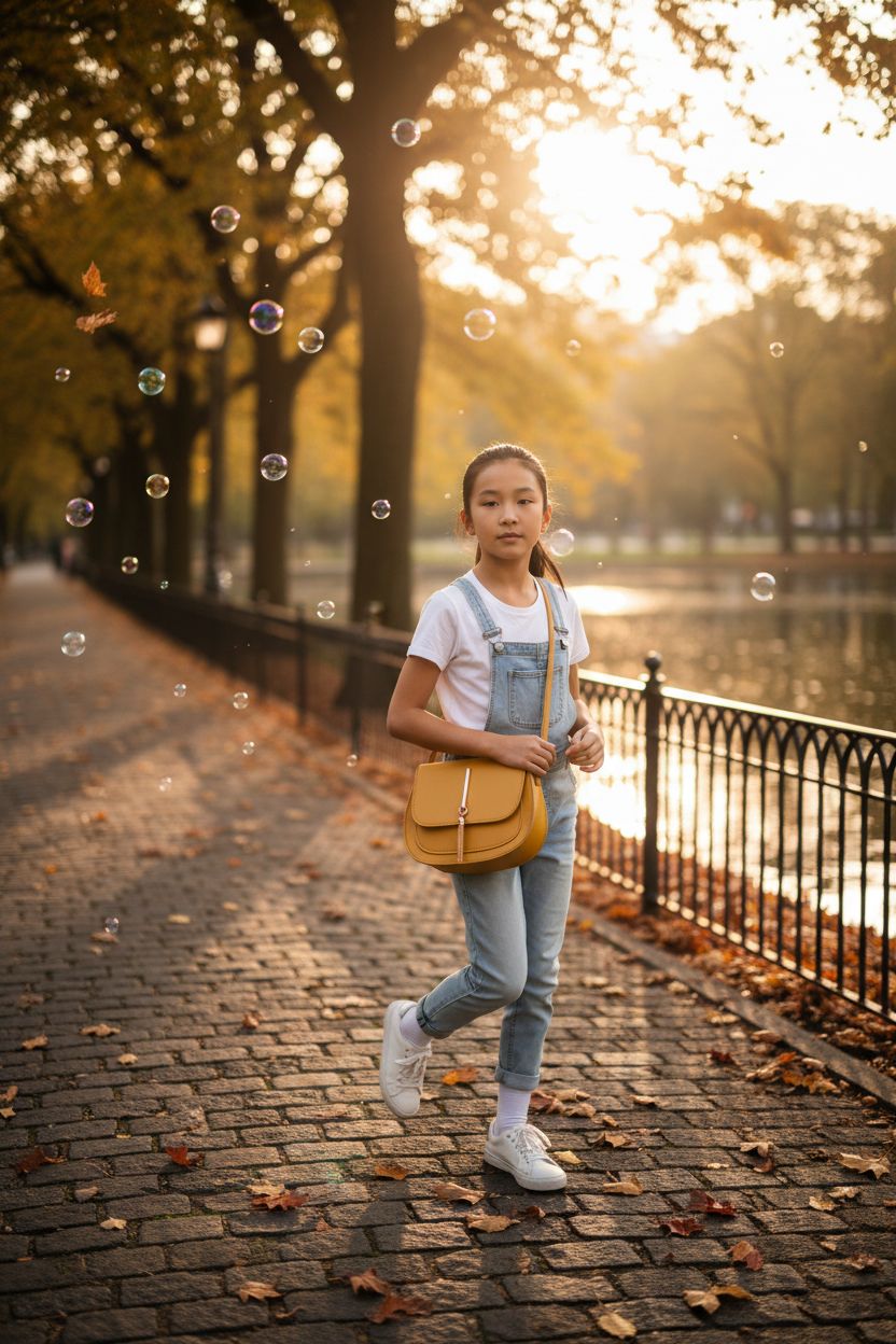 JienClound mustard yellow crossbody purse with light-wash denim overalls in a park setting