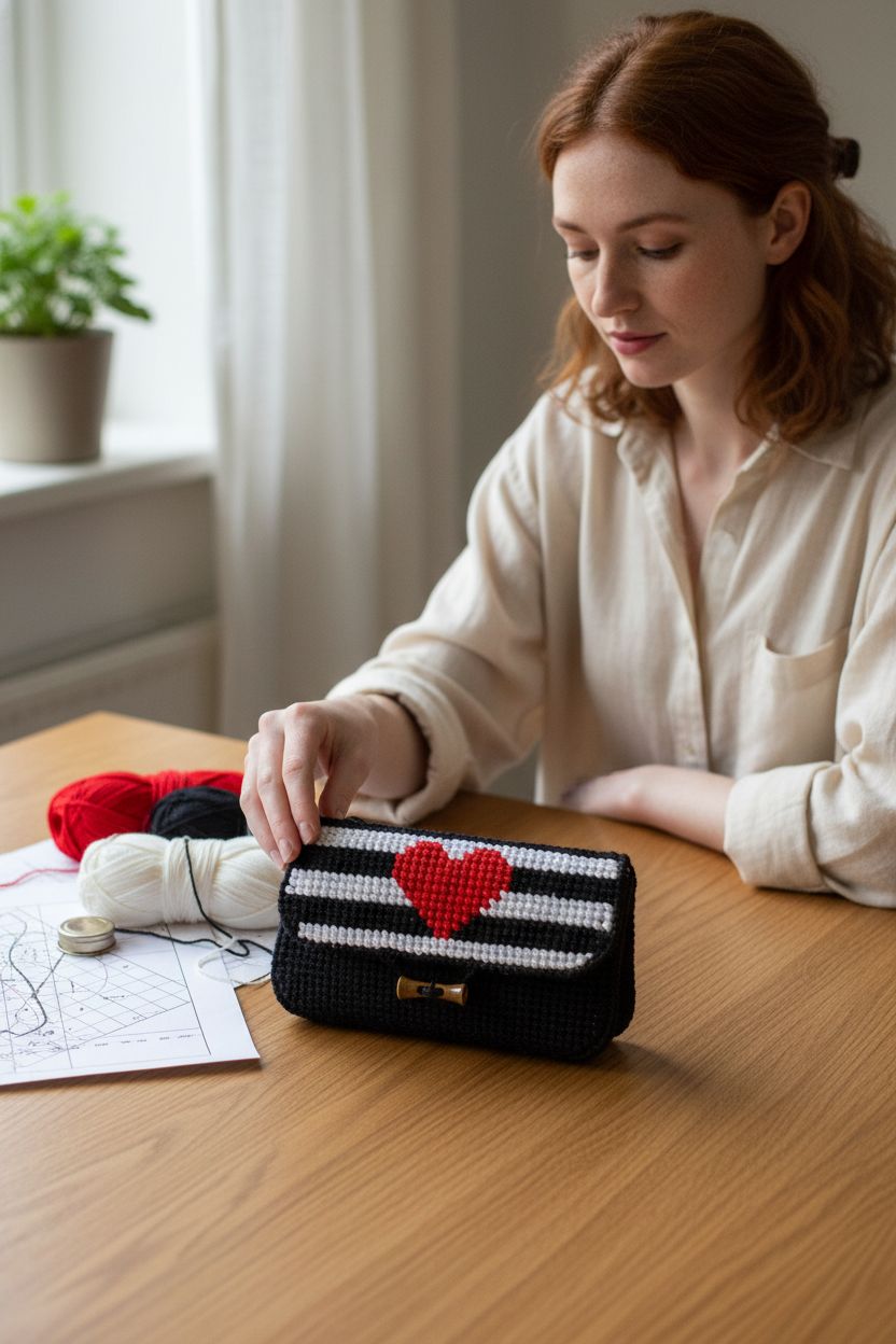 Orchidea needlepoint clutch beside crafting supplies in a cozy home setting, highlighting its craftsmanship.