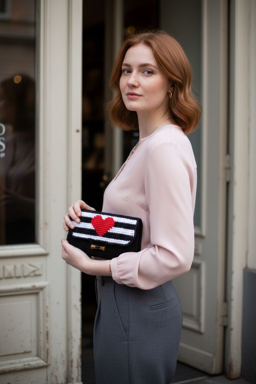 Orchidea needlepoint clutch bag featuring a red heart and wooden button, stylishly held outdoors.