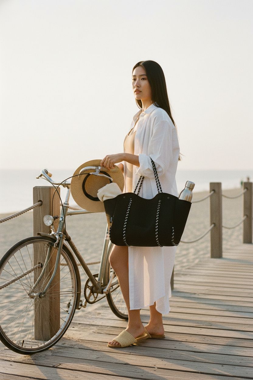 SURQO neoprene beach tote bag on boardwalk, with beach essentials visible.