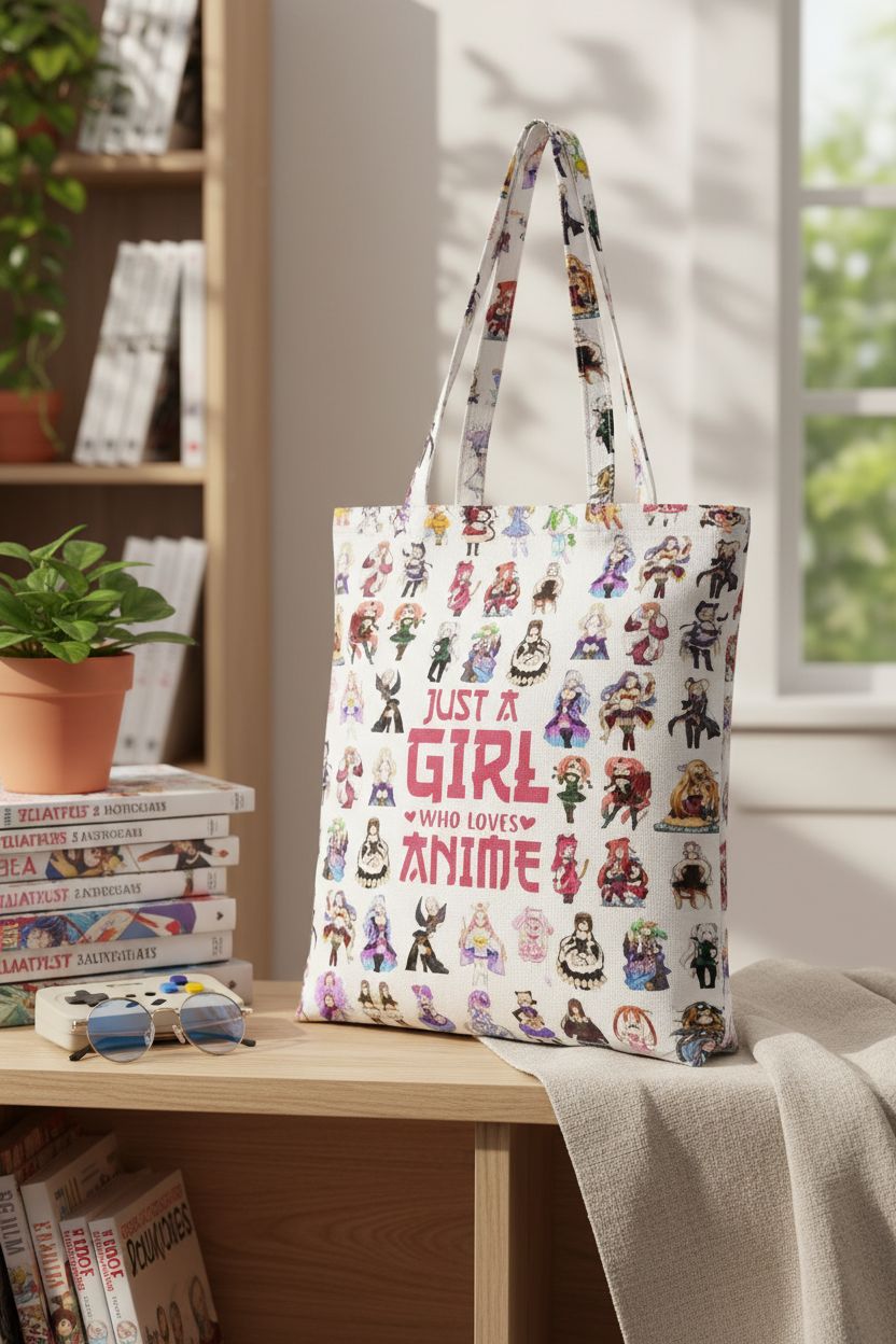 Wenboco funny anime tote bag in a serene reading nook with manga.