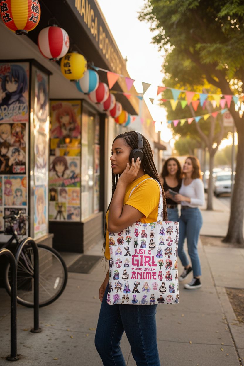 Funny anime tote bag by Wenboco on leafy sidewalk, perfect for anime lovers.
