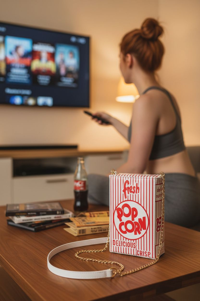 ENJOININ novelty purse on a cozy coffee table during movie night