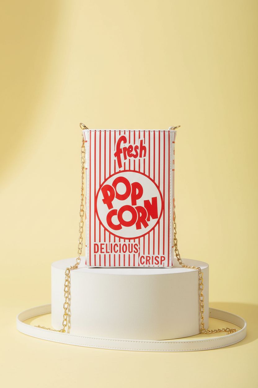ENJOININ popcorn box clutch bag displayed on a pastel backdrop