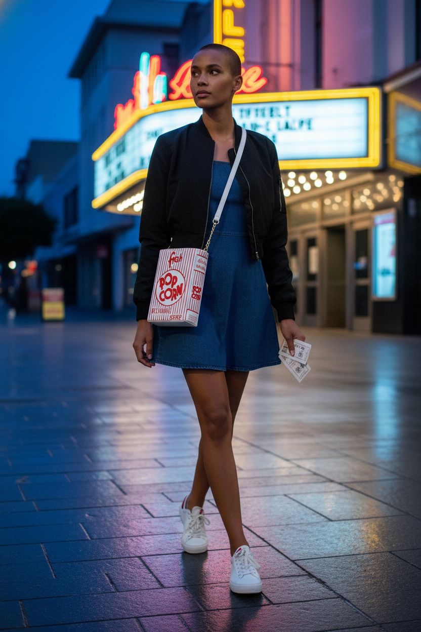 ENJOININ popcorn box style clutch bag showcased at dusk near vintage cinema
