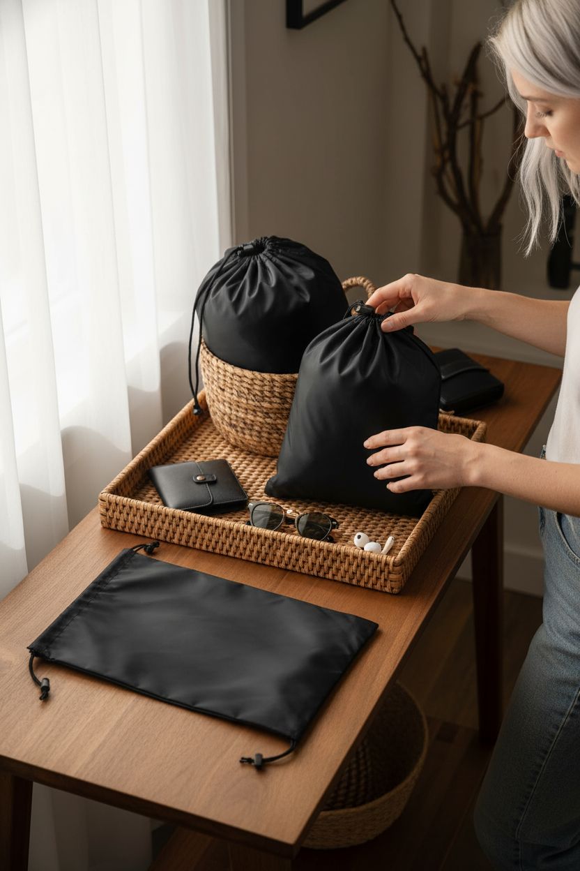 Cozy setup with black PALTERWEAR nylon pouches on a rattan tray in a stylish entryway.