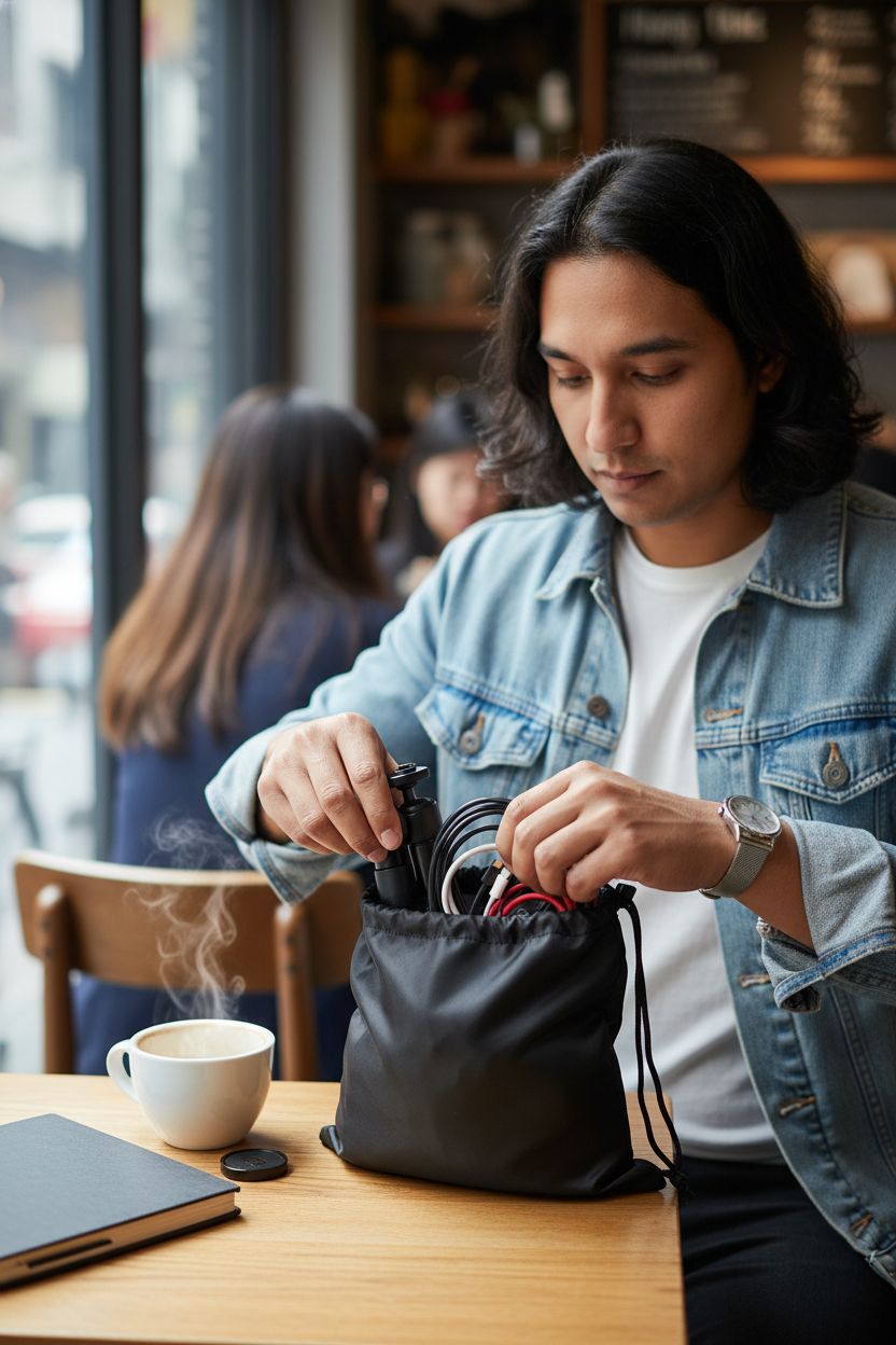 Black nylon drawstring bag by PALTERWEAR, open and revealing tripods and cables in a café.