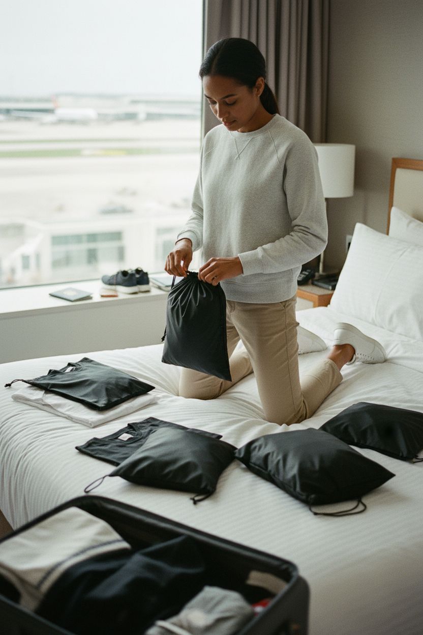 PALTERWEAR black nylon pouch being packed in a hotel room, showcasing its cinch toggle feature.