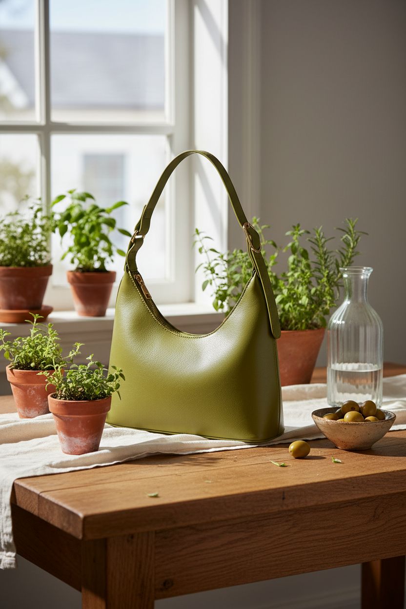 Liziblloy olive crescent bag on a rustic table with herbs