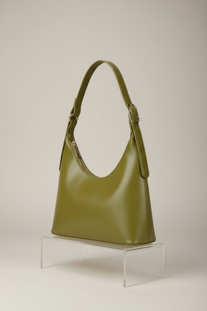 Close-up of Liziblloy olive mini crescent bag showcasing vegan leather