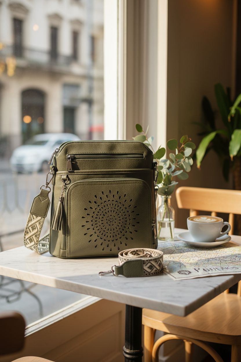 RAINSMORE olive green bag resting on a café table with a cappuccino and map
