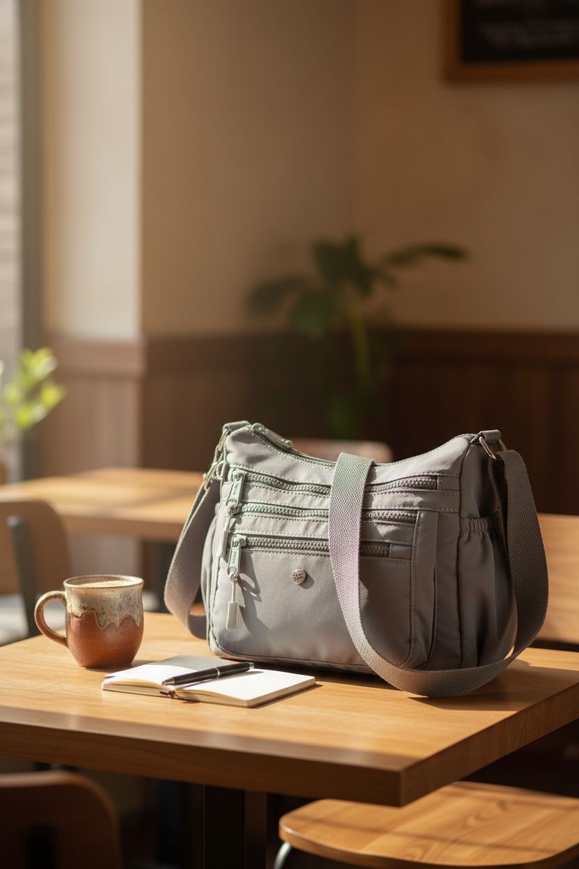 AOCINA gray crossbody purse with open pockets on a cozy café table.
