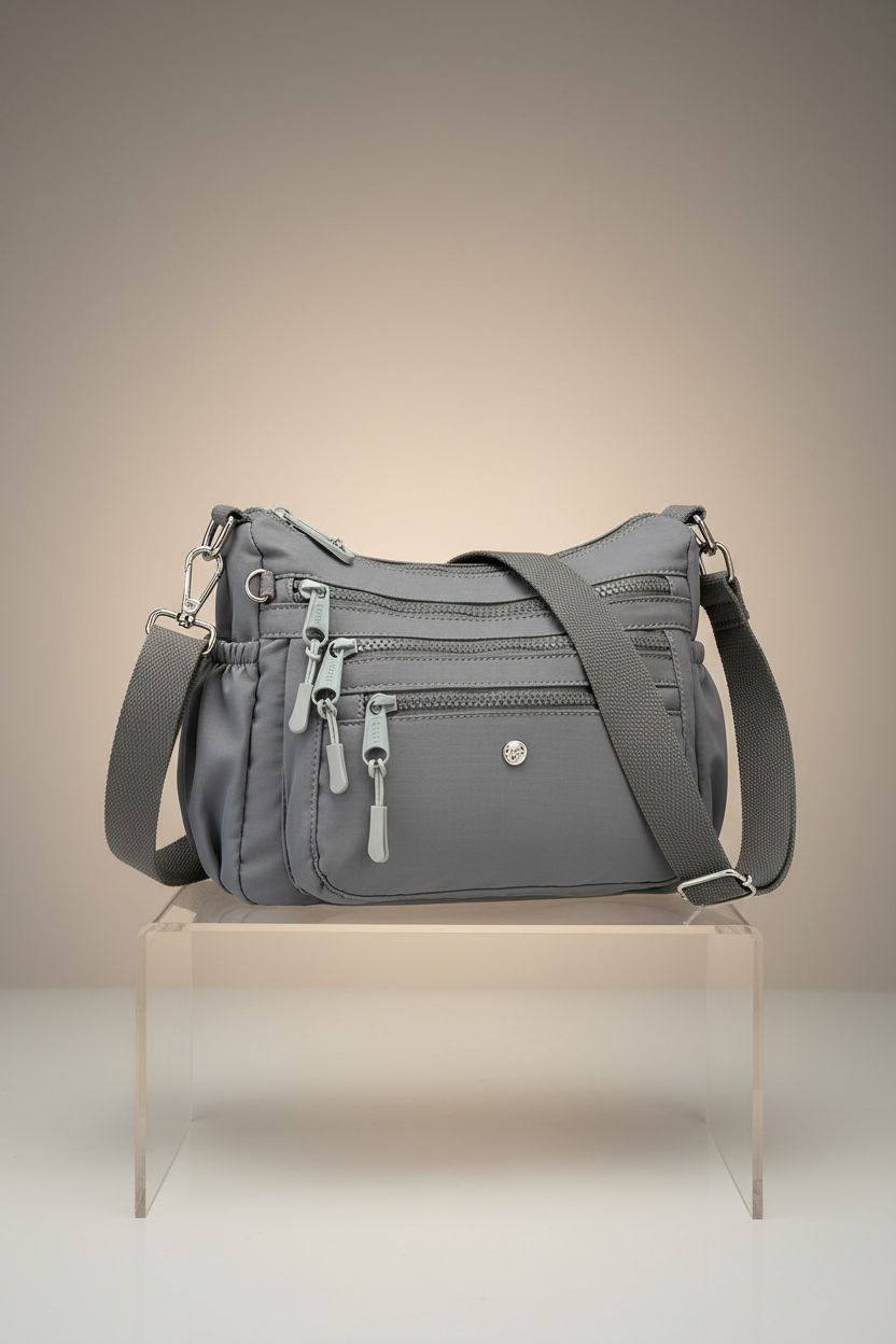 Close-up of AOCINA gray nylon crossbody bag highlighting pockets and elegant design.