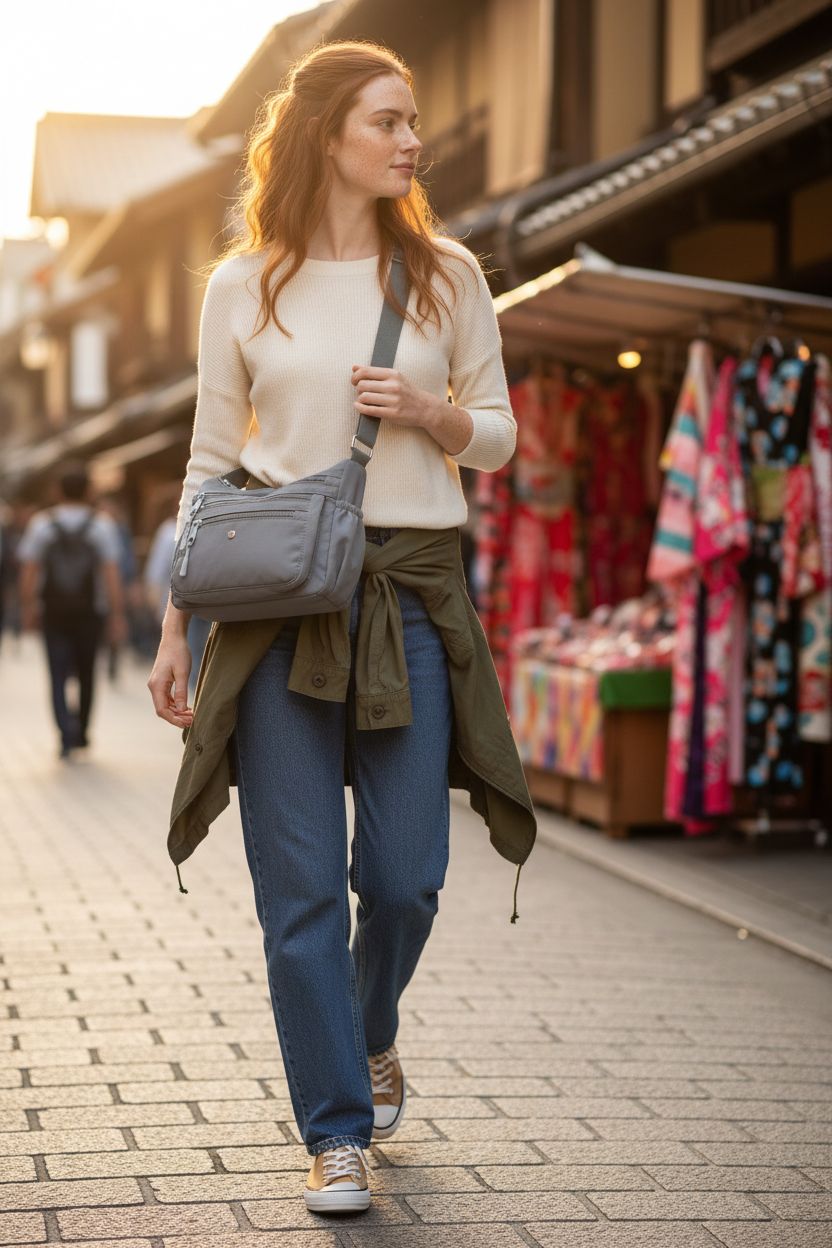 AOCINA gray nylon crossbody bag showcasing multiple pockets in a vibrant outdoor setting.