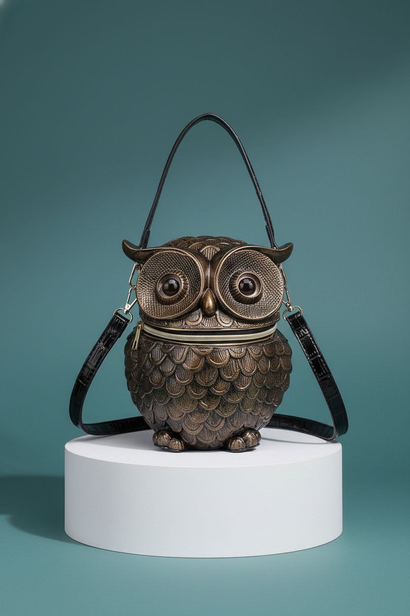 Lyuxhetaokdiq PVC owl purse showcased on a deep-teal backdrop for product detail.