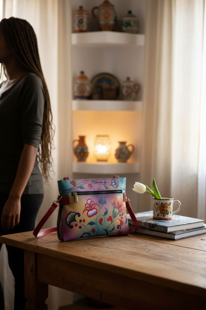 Anna by Anuschka crossbody purse on a cozy table with art books and tulip